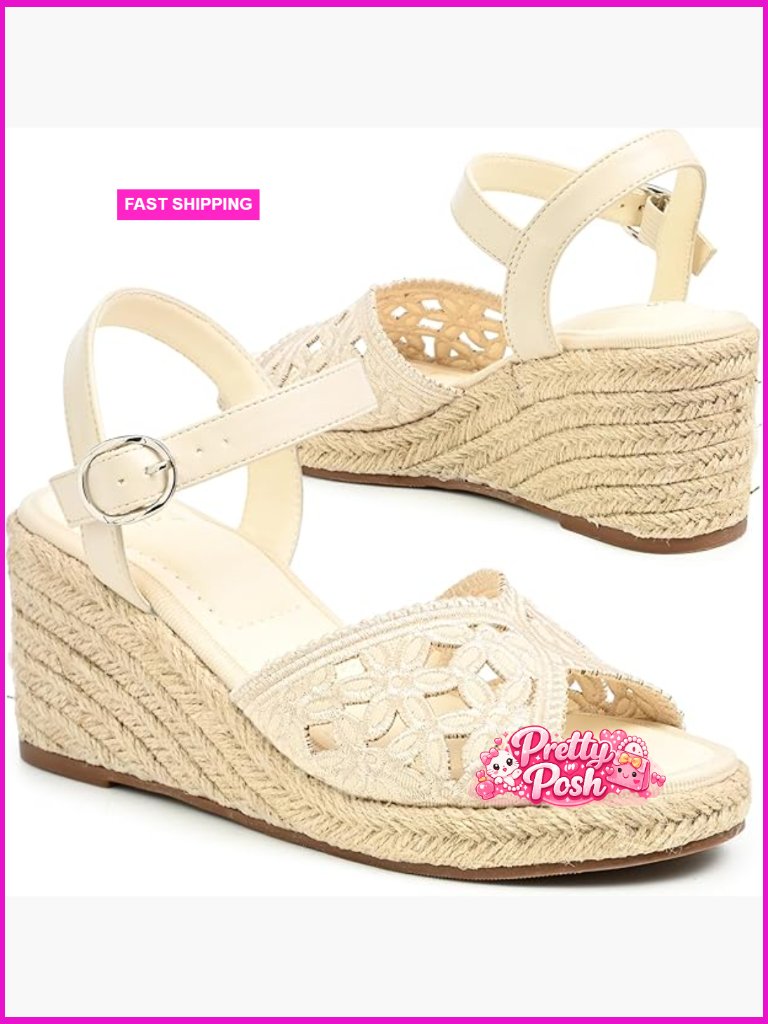 Women's Lace Espadrille Wedge Sandal, Adjustable Ankle Strap, Open Toe